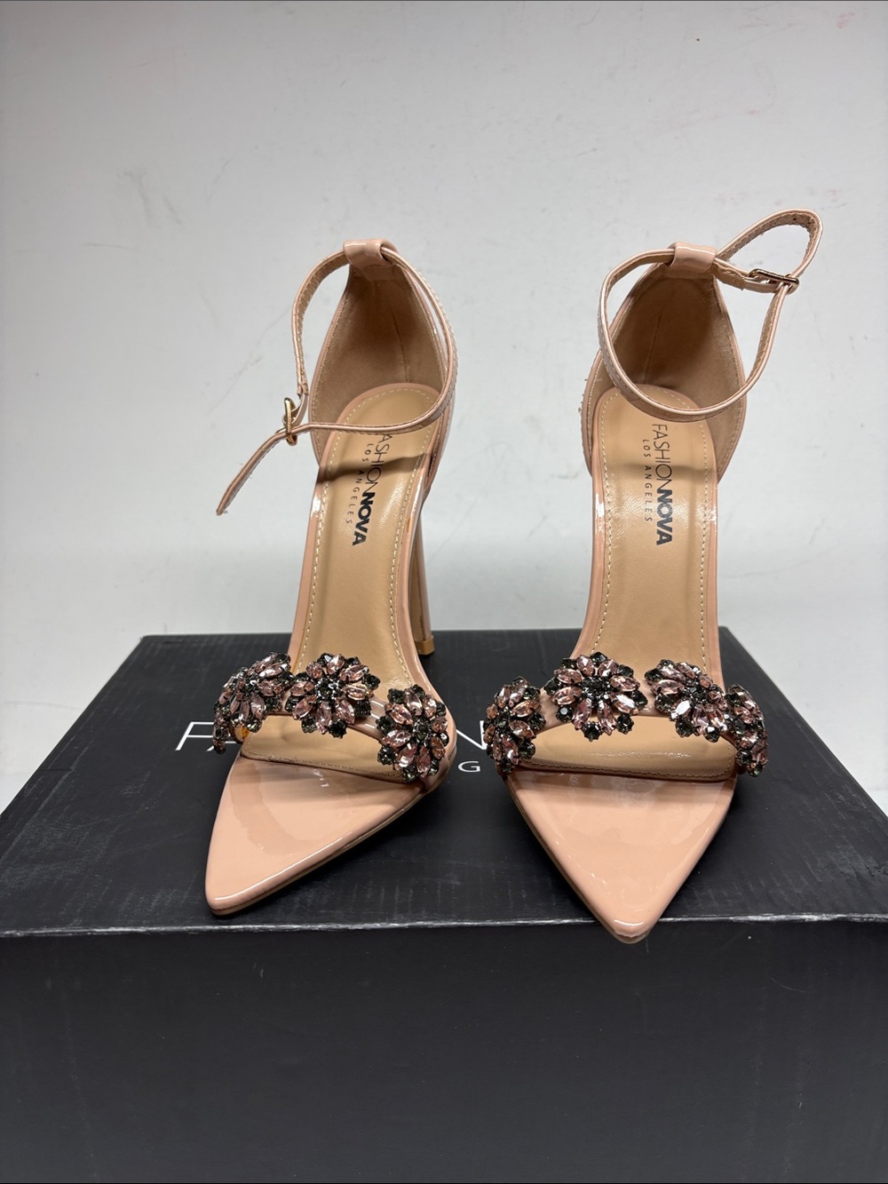 Fashion Nova Women's Nude Pink Embellished Ankle-Strap Heels